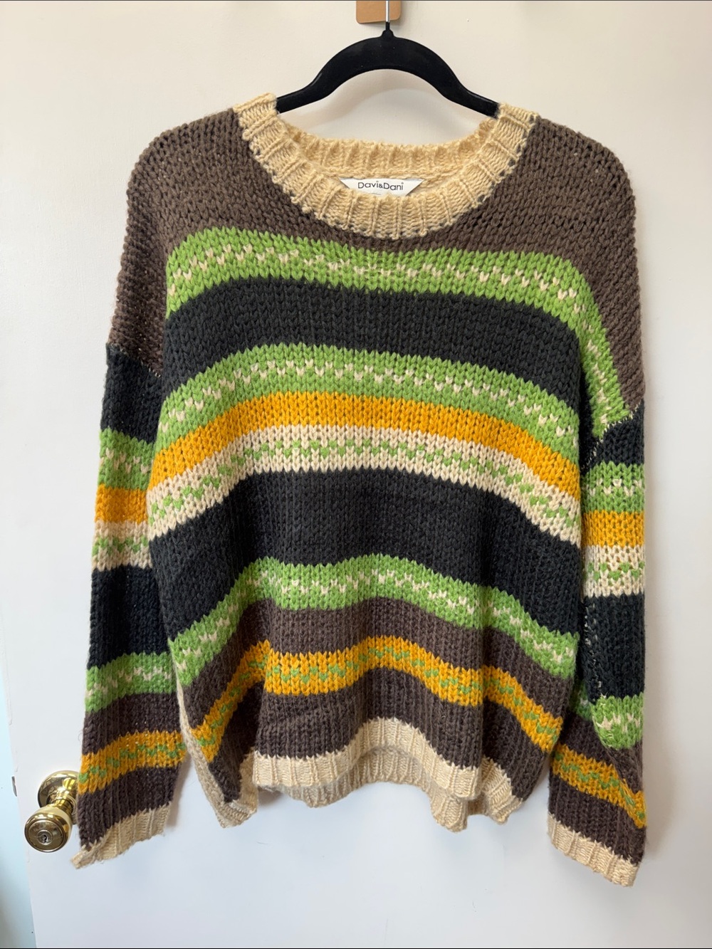 DAVI & DANI Striped Crewneck Sweater in Brown, Black, Green, Yellow, Cream